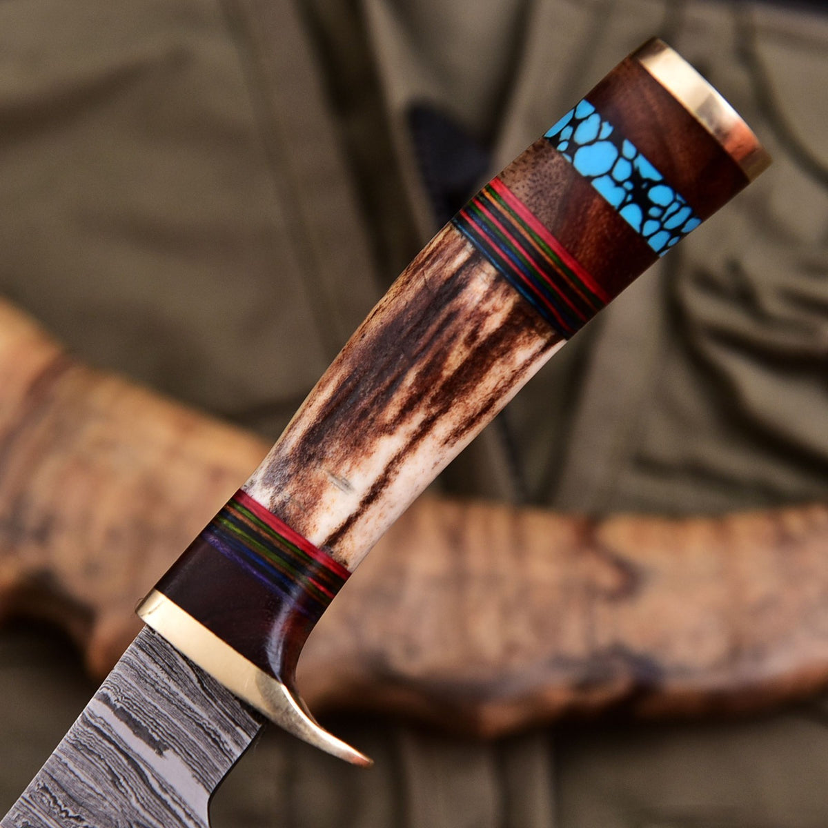 Forged Damascus Blade Skinning Knife Stag Antler Handle Brass Guard With Sheath - Image 3